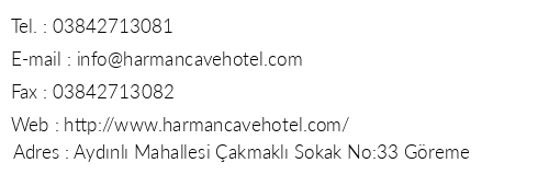 Harman Cave Hotel telefon numaralar, faks, e-mail, posta adresi ve iletiim bilgileri